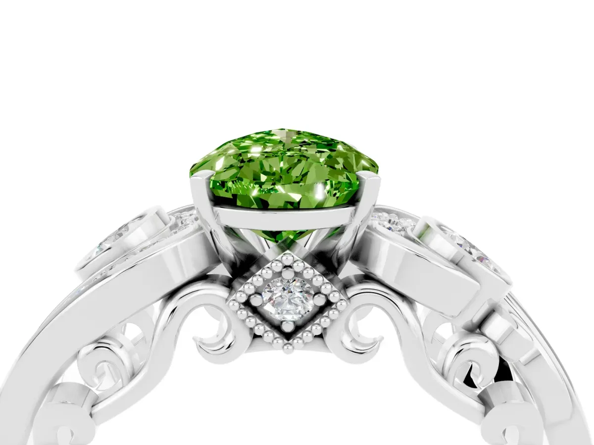 Pear Cut Peridot Solitaire Ring with Milgrain Pavé Band and Four-Prong Setting Silver