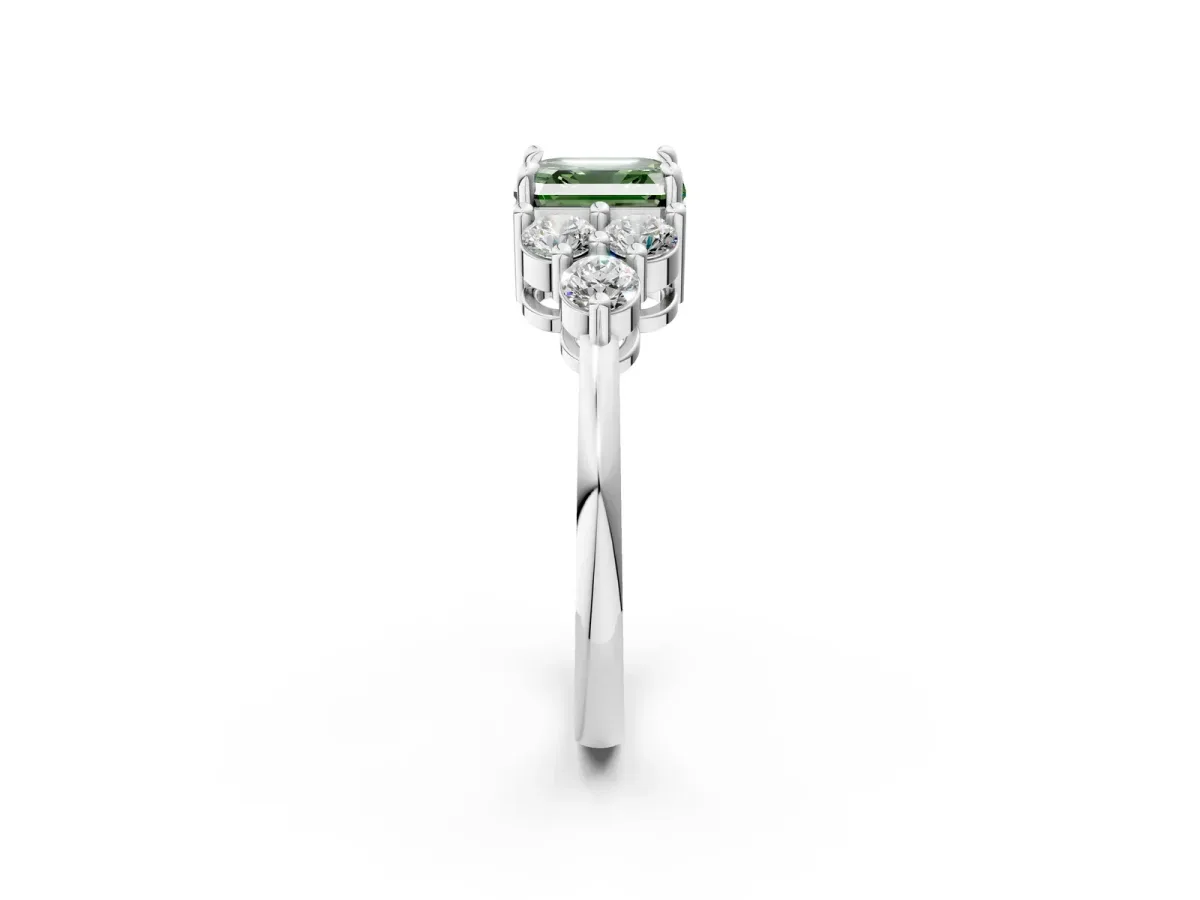 Fancy Green Asscher Cut Brilliant Diamond Cluster Accent Solitaire Ring with Prong Setting Platinum