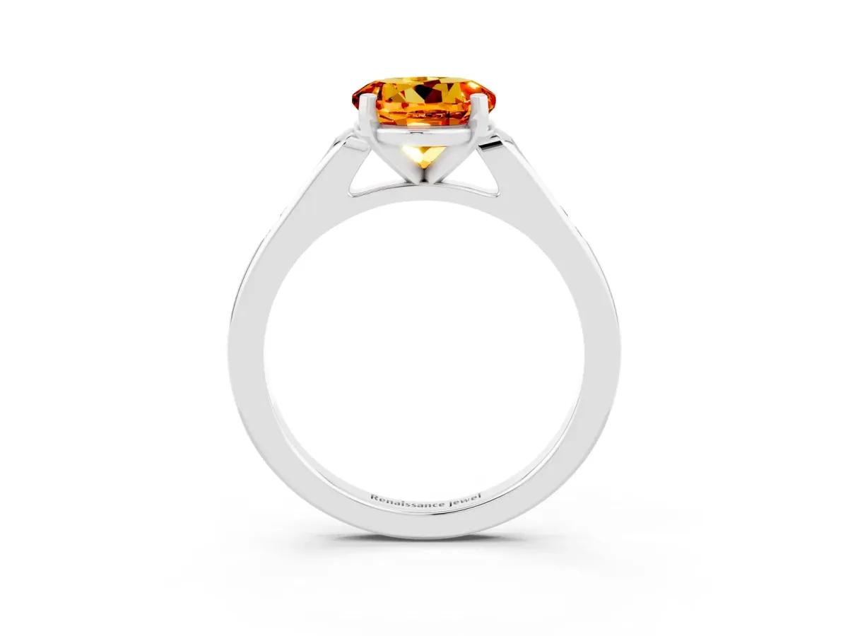 Round Cut Citrine Solitaire Ring with Channel Set Round Band and Prong Setting Silver