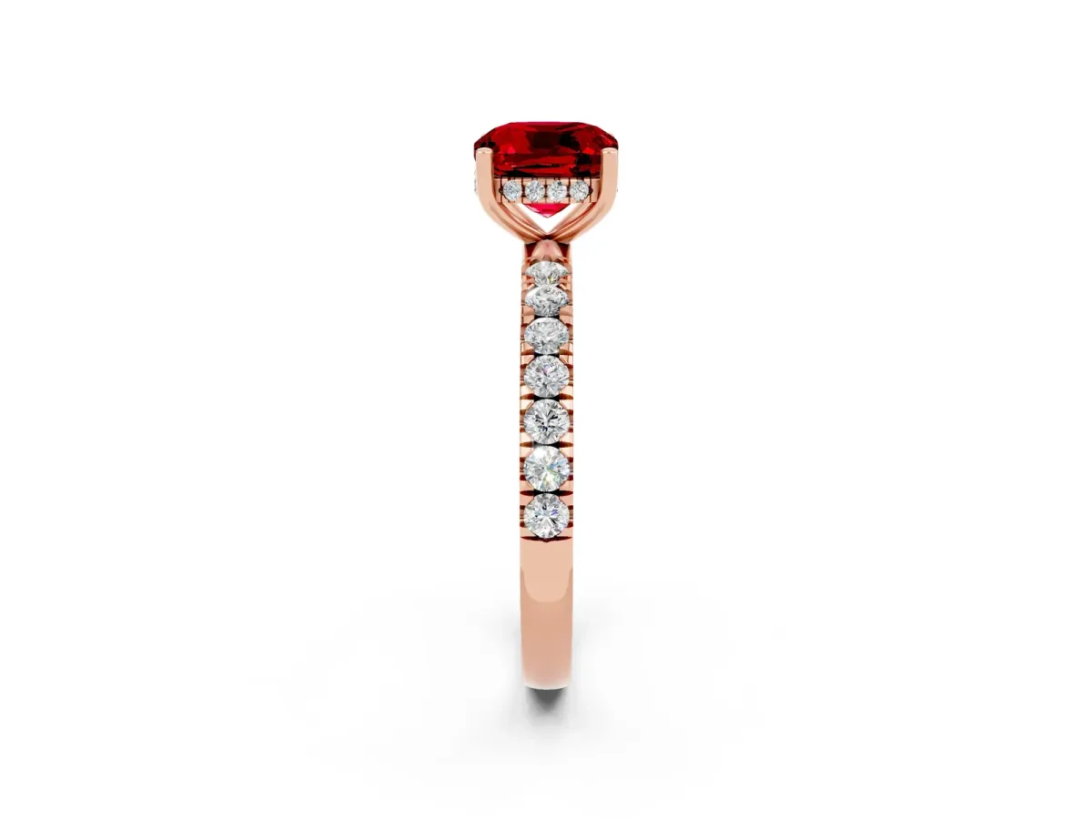 Cushion Cut Ruby Pave Band Solitaire Ring with Round and Prong Setting Rose gold