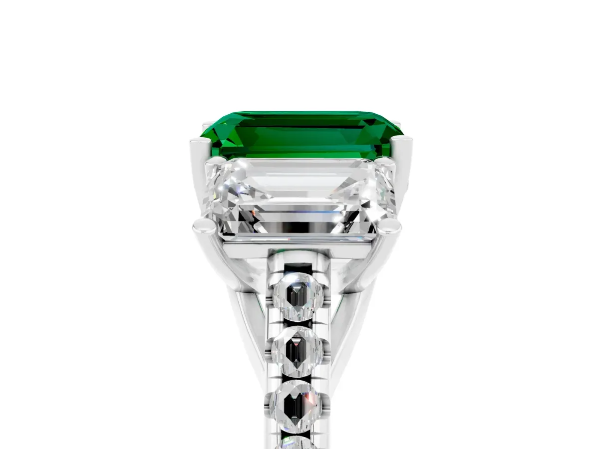 Three-Stone Emerald Cut Emerald Ring with Round Pavé Band and Prong Setting White gold