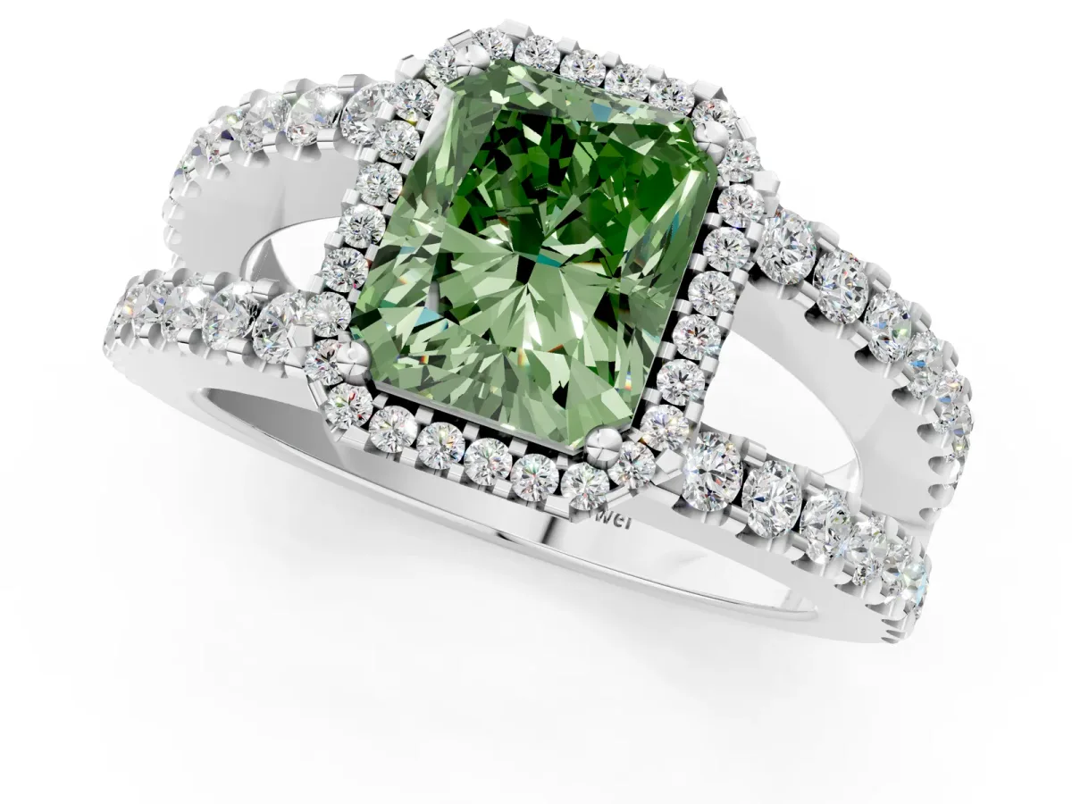 Fancy Green Radiant Cut Cut Halo Split Shank Diamond Ring with Four-Prong Setting Platinum