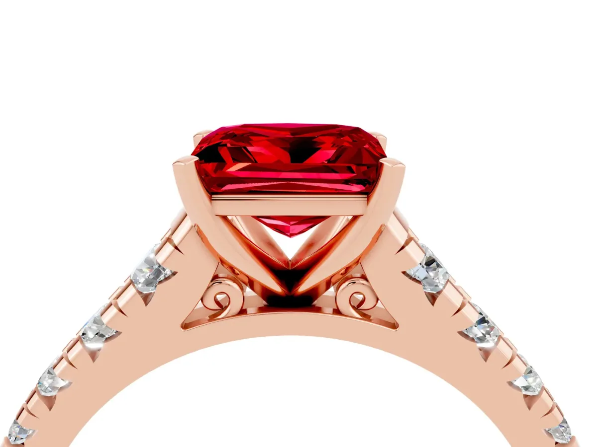 Princess Cut Ruby Cathedral Solitaire Ring with Round Pavé Band Rose gold