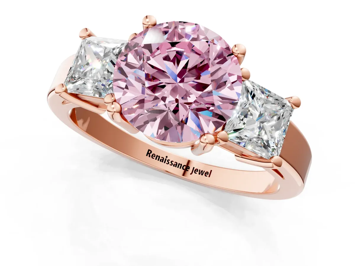 Fancy Pink Three-Stone Round Cut Cut Solitaire Ring with Prong Setting Rose gold
