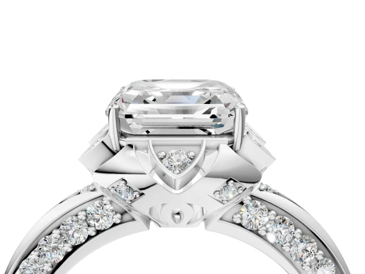 Asscher Cut Halo Split Shank Pave Diamond Ring with Petal Prong Setting Platinum