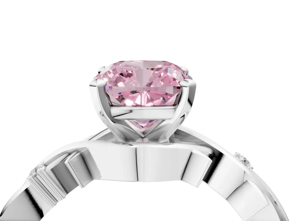 Fancy Pink Cushion Cut Diamond Solitaire Ring with Twisted Band and Prong Setting Silver