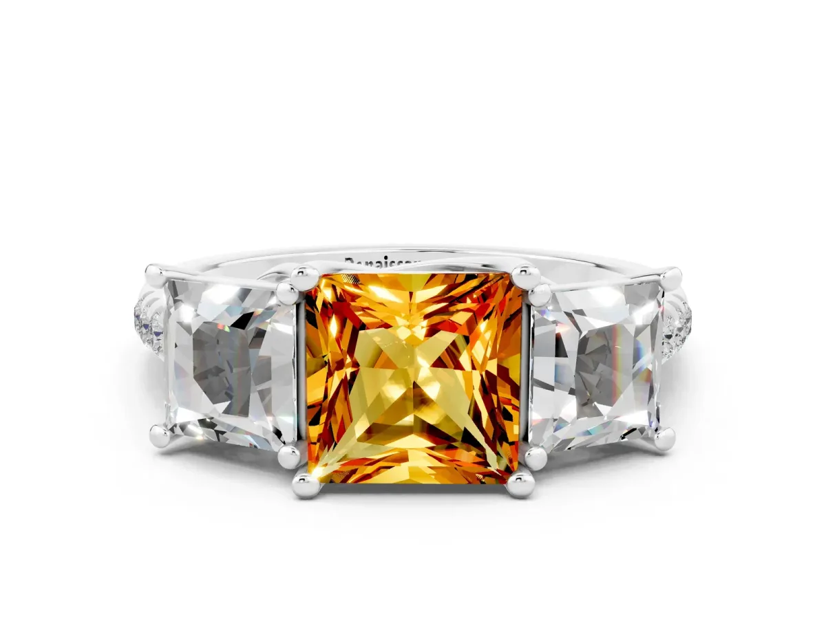 Three-Stone Princess Cut Citrine Ring with Round Pavé Band and Prong Setting Silver