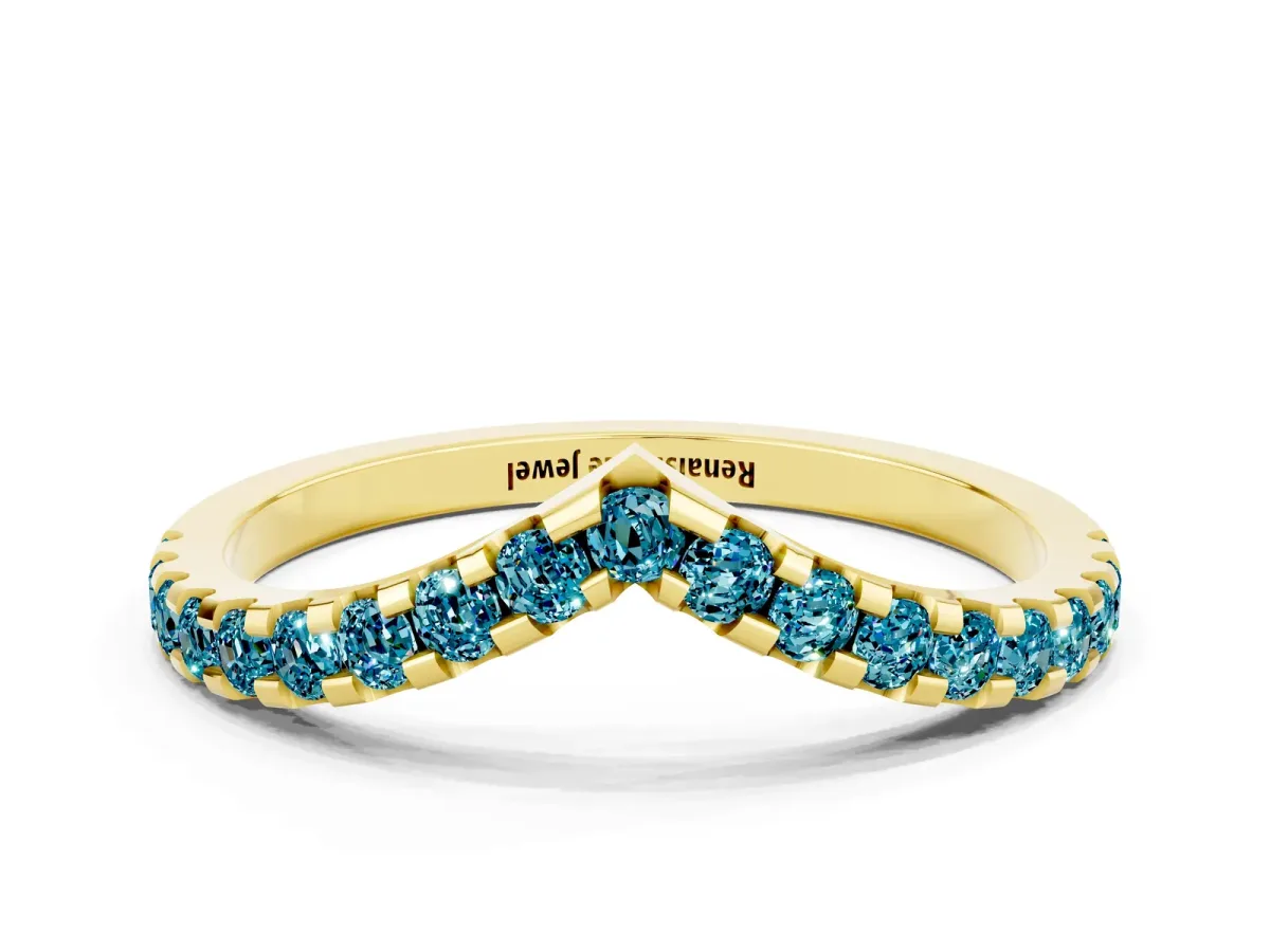 Pavé Round Blue Topaz Chevron Band with Shared Prong Setting Yellow gold