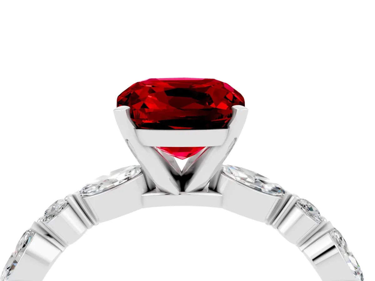 Cushion Cut Ruby Ring with Marquise and Round Side Stones and Four-Prong Setting Silver