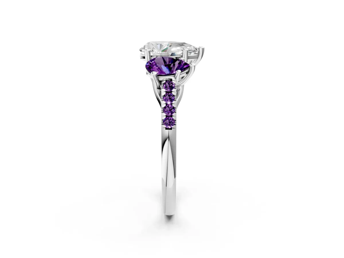 Three-Stone Pear Cut Diamond Ring with Round Amethyst Pavé Band and Prong Setting Silver