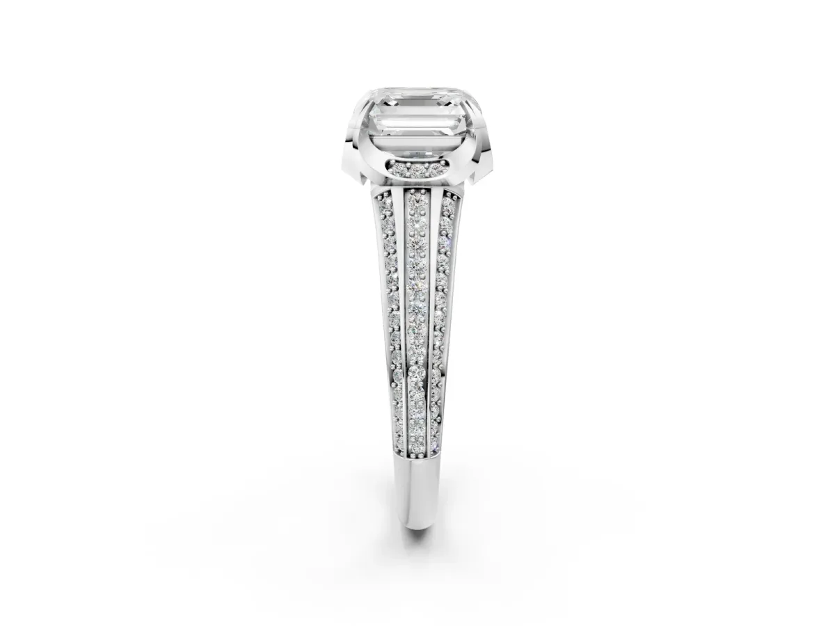 Asscher Cut Solitaire Pave Split Shank Ring with Four-Prong Setting Platinum