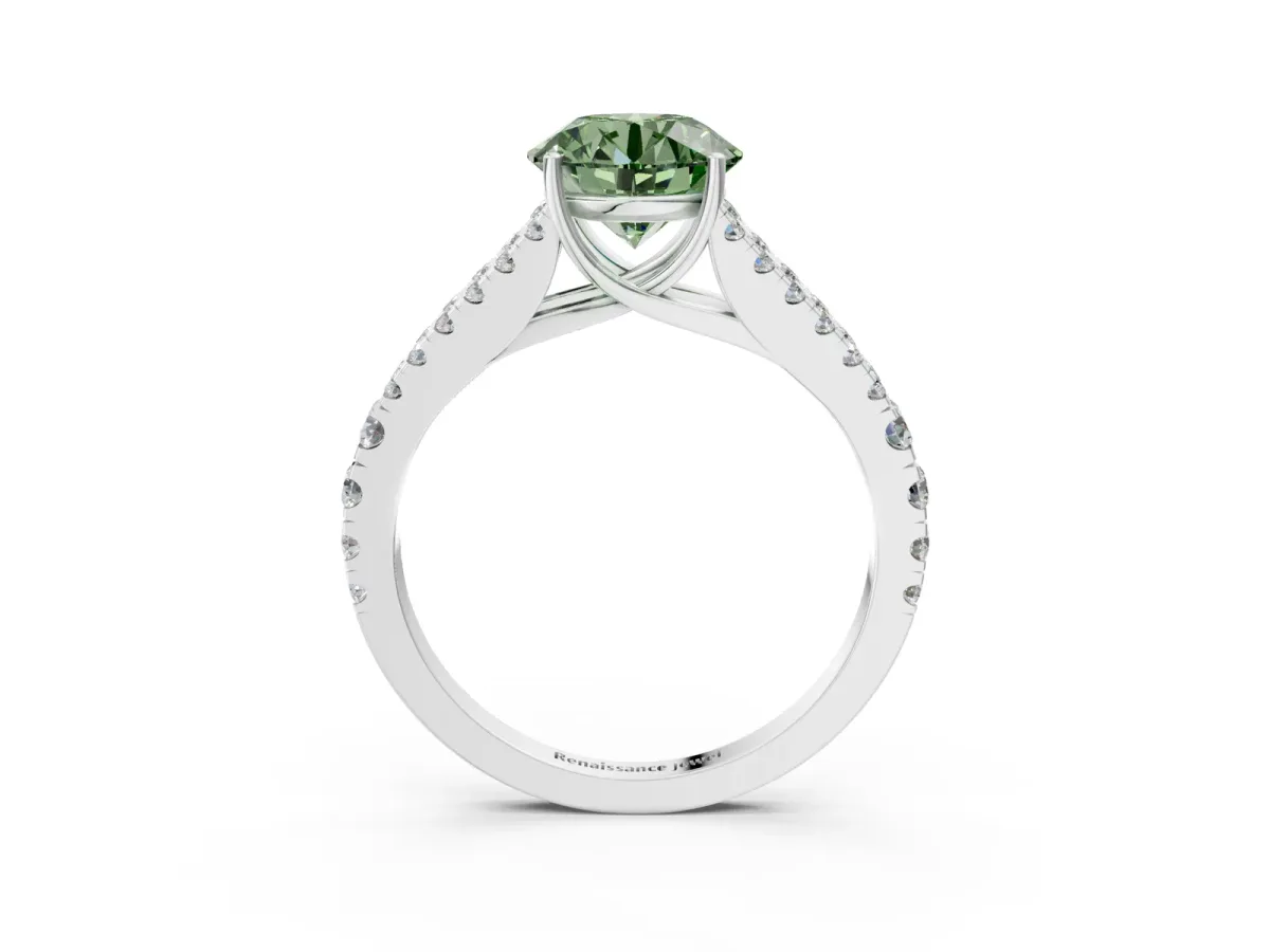 Fancy Green Round Cut Diamond Split Shank Engagement Ring with Round Pavé and Prong Setting Platinum