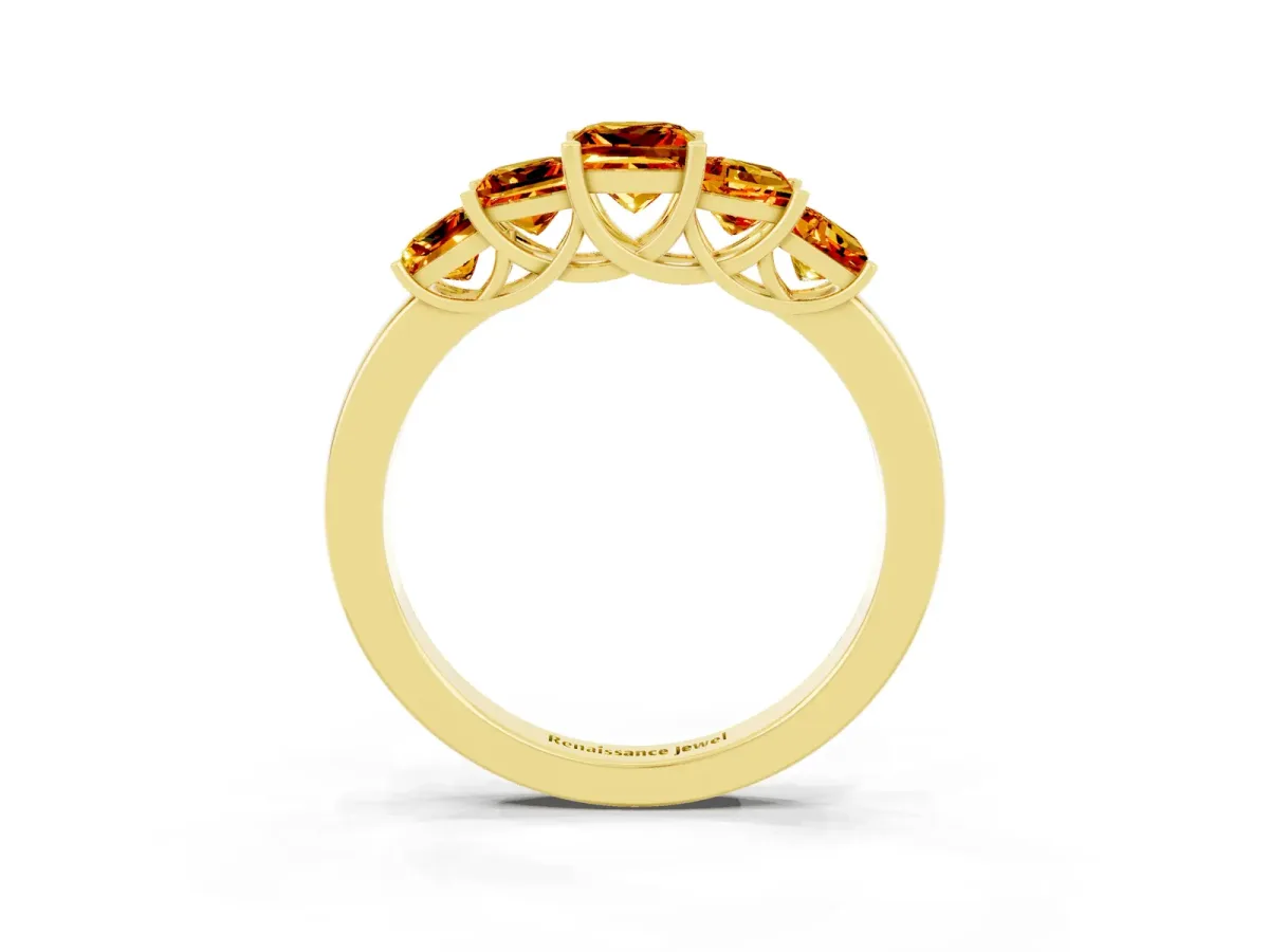 Princess Cut Five-Stone Citrine Ring with Classic Prong Setting Yellow gold