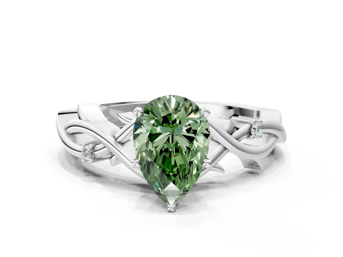 Fancy Green Pear Cut Diamond Solitaire Ring with Twisted Band and Prong Setting Silver