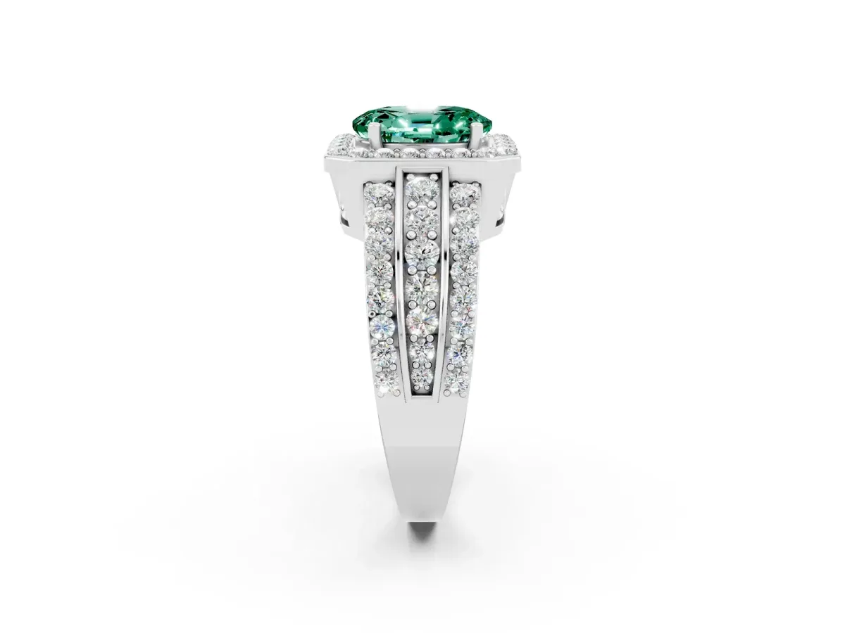 Oval Cut Halo Green Sapphire Ring with Round Split Shank and Prong Setting Silver