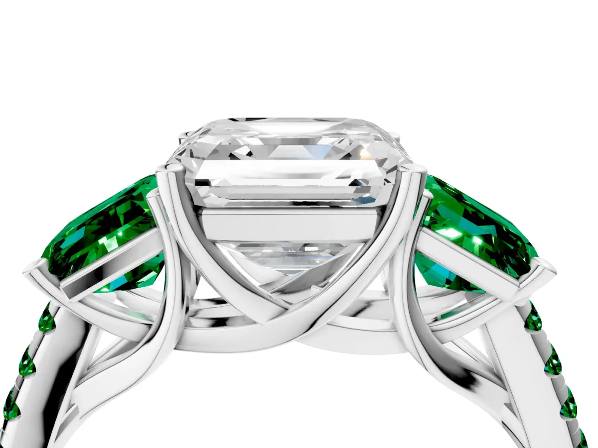 Three-Stone Asscher Cut Diamond Ring with Round Emerald Pavé Band and Prong Setting Platinum