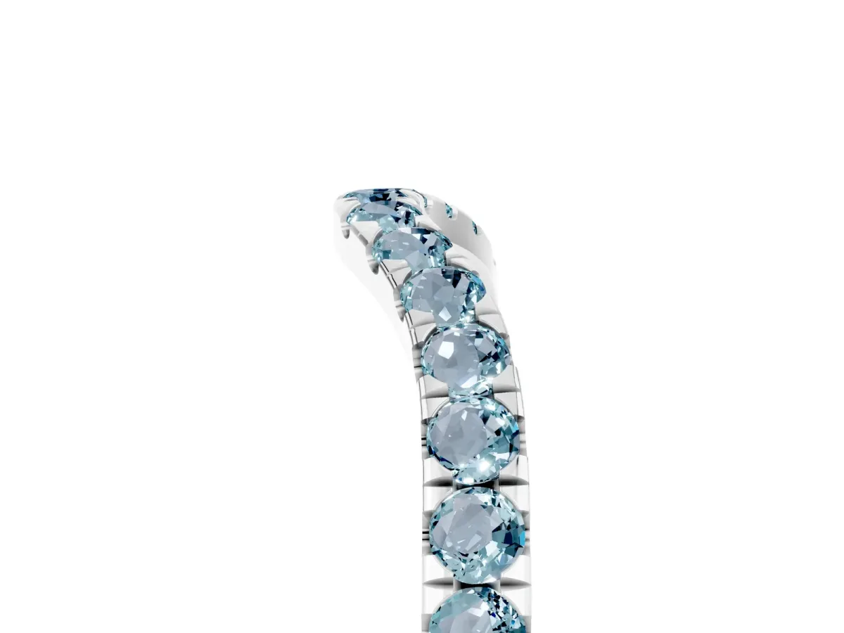 Curved Pavé Round Aquamarine Wedding Band with Shared Prong Setting Silver