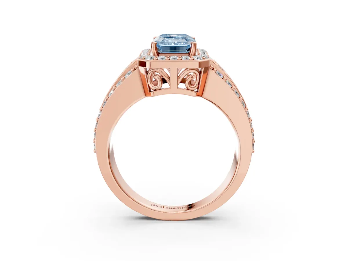 Fancy Blue Emerald Cut Halo Diamond Ring with Round Split Shank and Prong Setting Rose gold