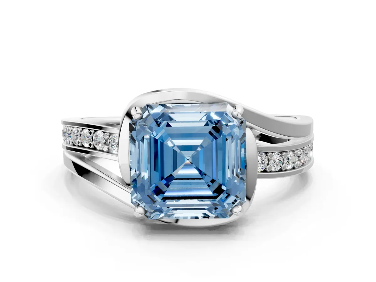 Fancy Blue Asscher Cut Diamond Solitaire Ring with Split Shank and Prong Setting Platinum