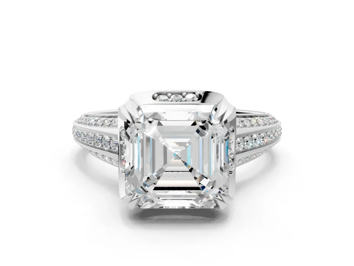 Asscher Cut Solitaire Pave Split Shank Ring with Four-Prong Setting Platinum