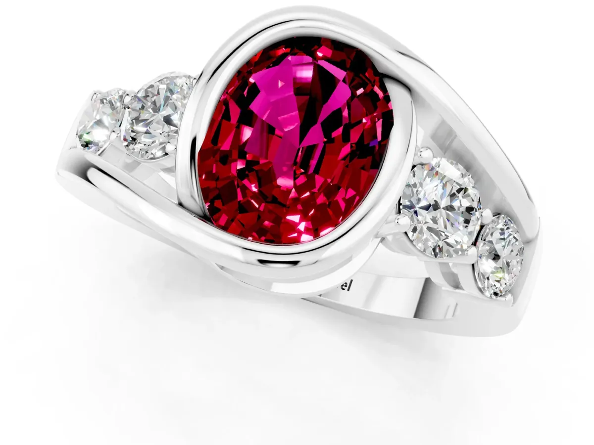Bezel Set Oval Cut Garnet Bypass Ring with Round Accents Silver