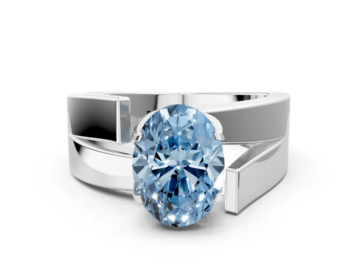 Fancy Blue Modern Tension Set Oval Cut Diamond Solitaire Wide Band Ring Platinum