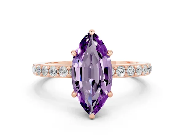 Marquise Cut Amethyst Solitaire Engagement Ring with Pavé Band and Four-Prong Setting Rose gold