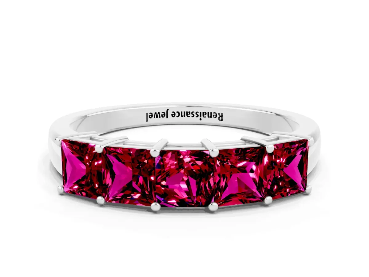 Princess Cut Five-Stone Garnet Band with Prong Setting Silver