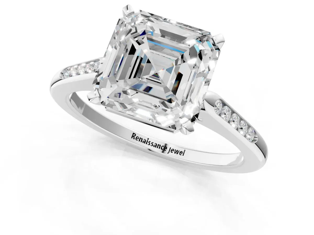 Asscher Cut Diamond Solitaire Ring with Channel Set Round Band and Prong Setting Silver
