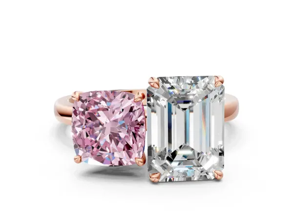 Fancy Pink Cushion Cut and Emerald Cut Toi Moi Ring with Prong Setting Rose gold