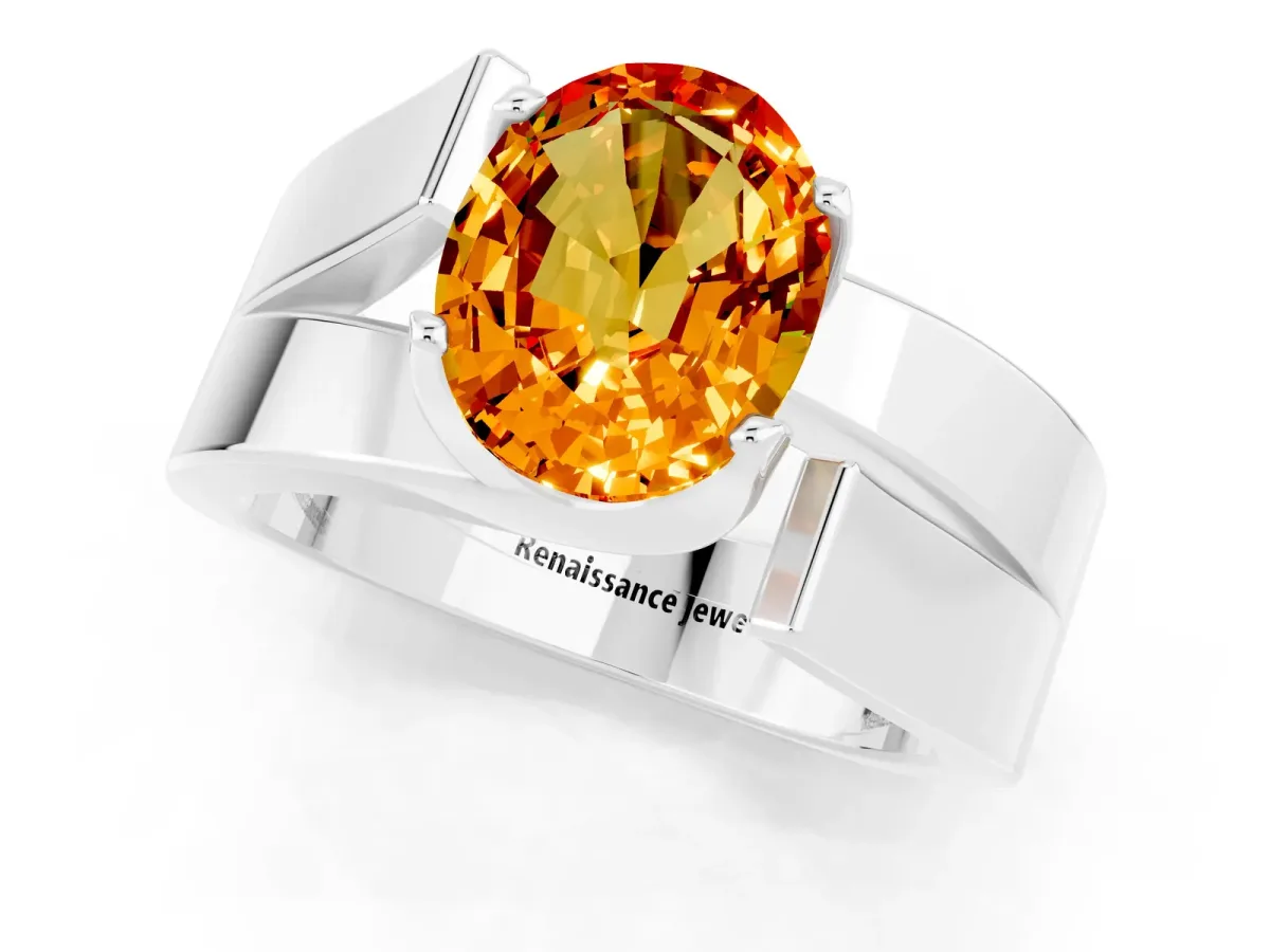 Modern Tension Set Oval Cut Citrine Solitaire Wide Band Ring Platinum