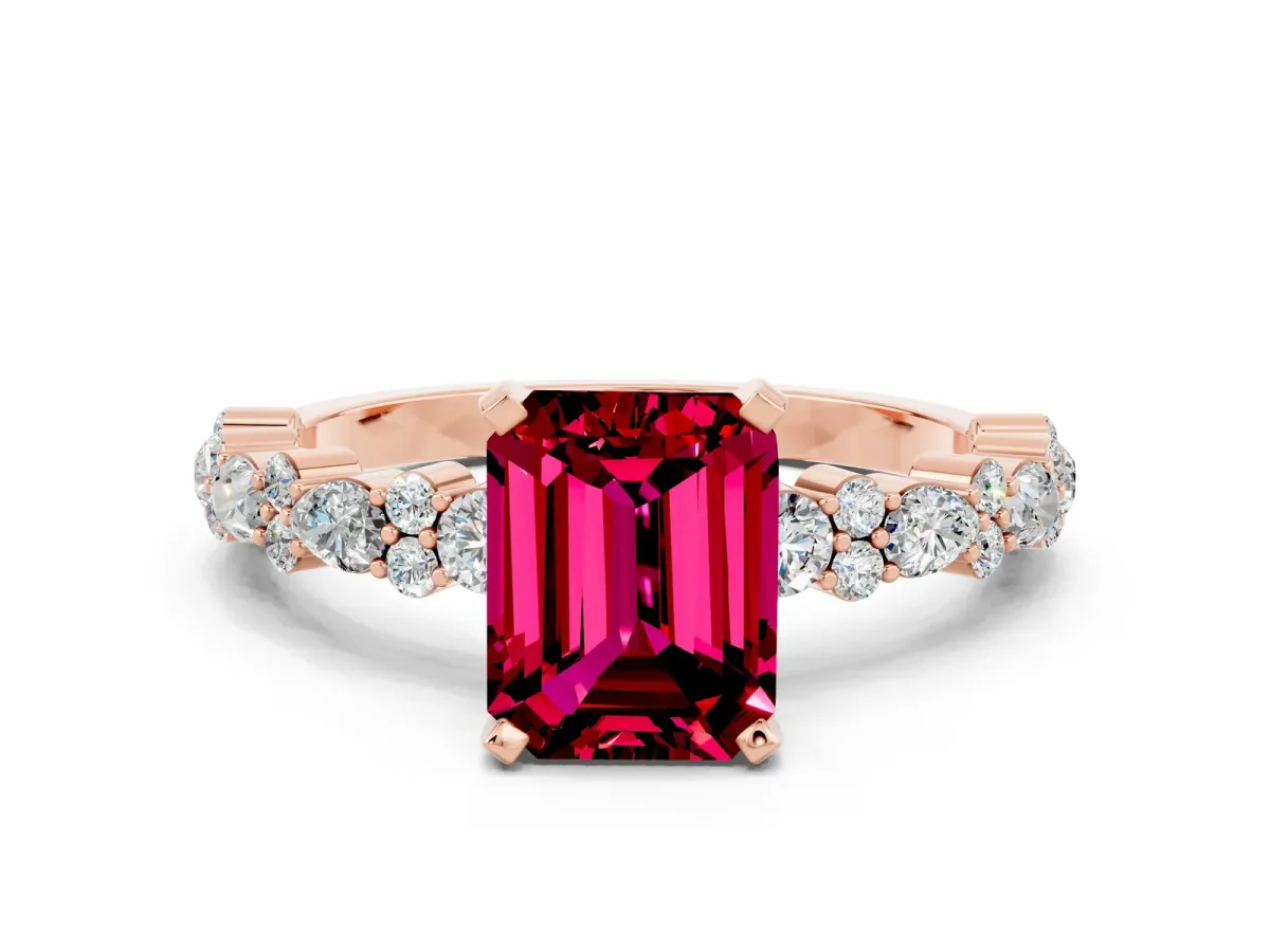 Emerald Cut Garnet Side Stone Solitaire Ring with Round and Four-Prong Setting Rose gold