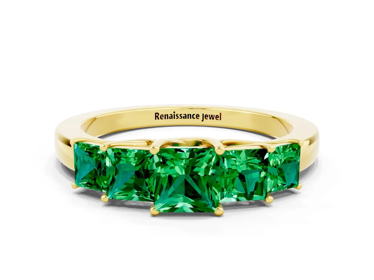 Princess Cut Five-Stone Emerald Ring with Classic Prong Setting Yellow gold