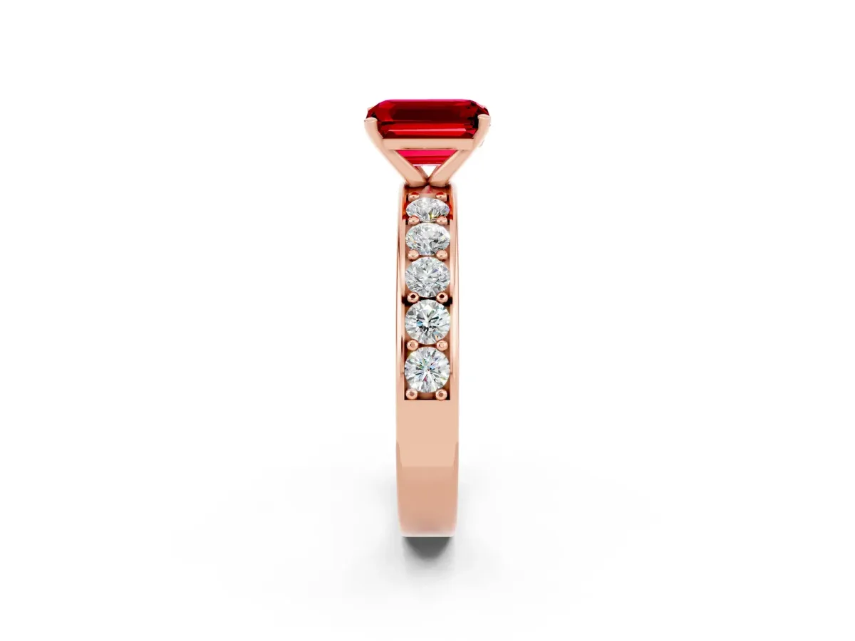 Emerald Cut Ruby Engagement Ring with Channel Set Round Band and Prong Setting Rose gold