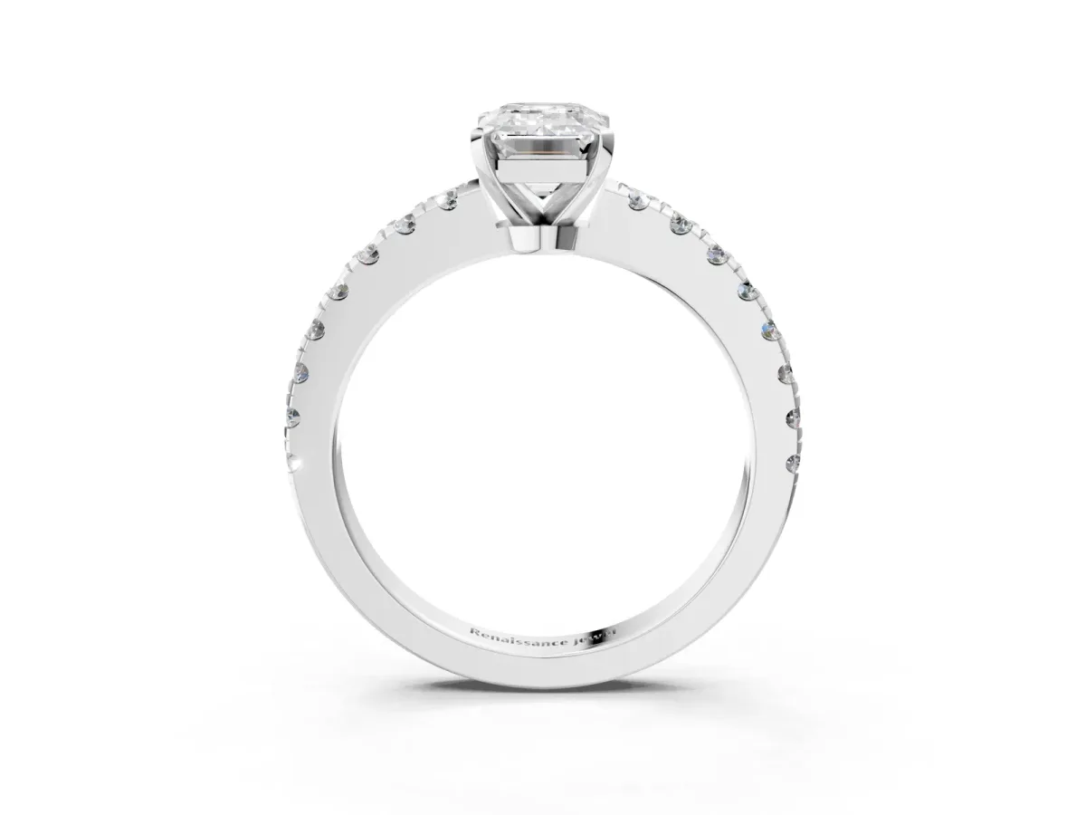 Emerald Cut Solitaire Diamond with Pavé Band and Four-Prong Setting White gold