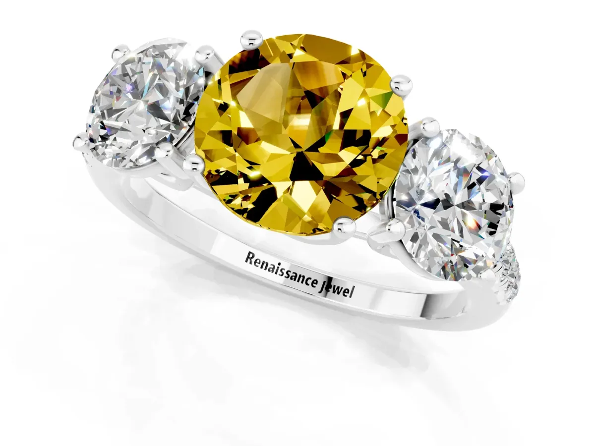 Three-Stone Round Cut Yellow Sapphire Ring with Round Pavé Band and Prong Setting Silver