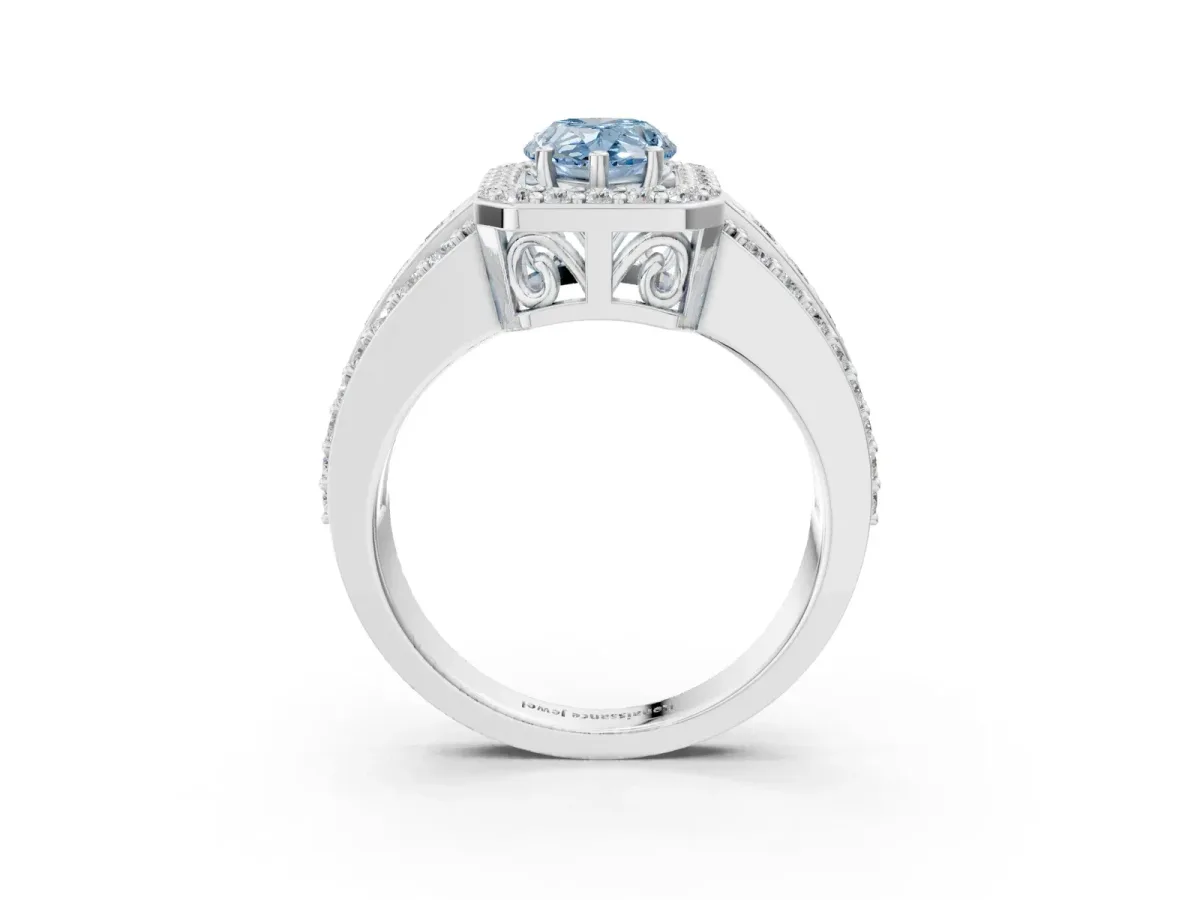 Fancy Blue Pear Cut Halo Diamond Ring with Round Split Shank and Prong Setting Platinum
