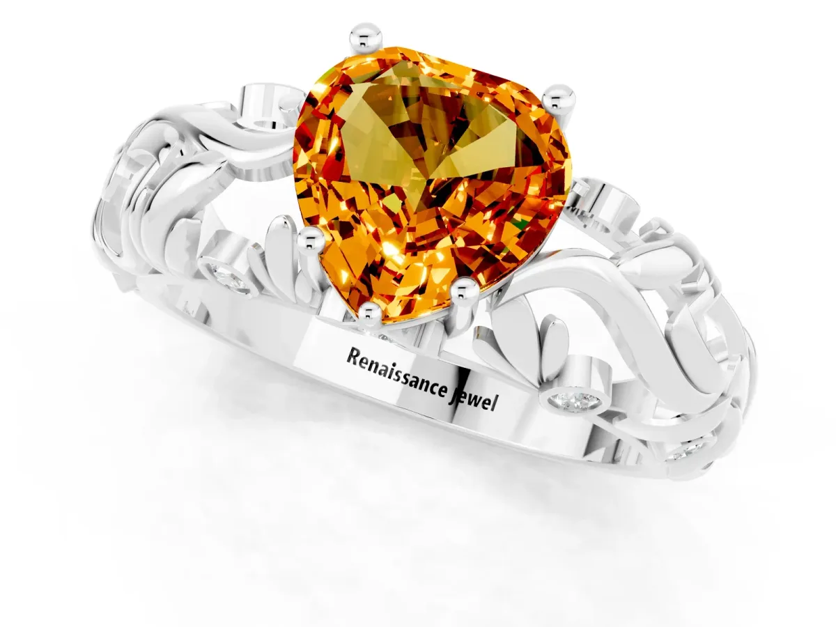 Heart Cut Solitaire Citrine Leaf-Inspired Vine Band Ring with Prong Setting Platinum