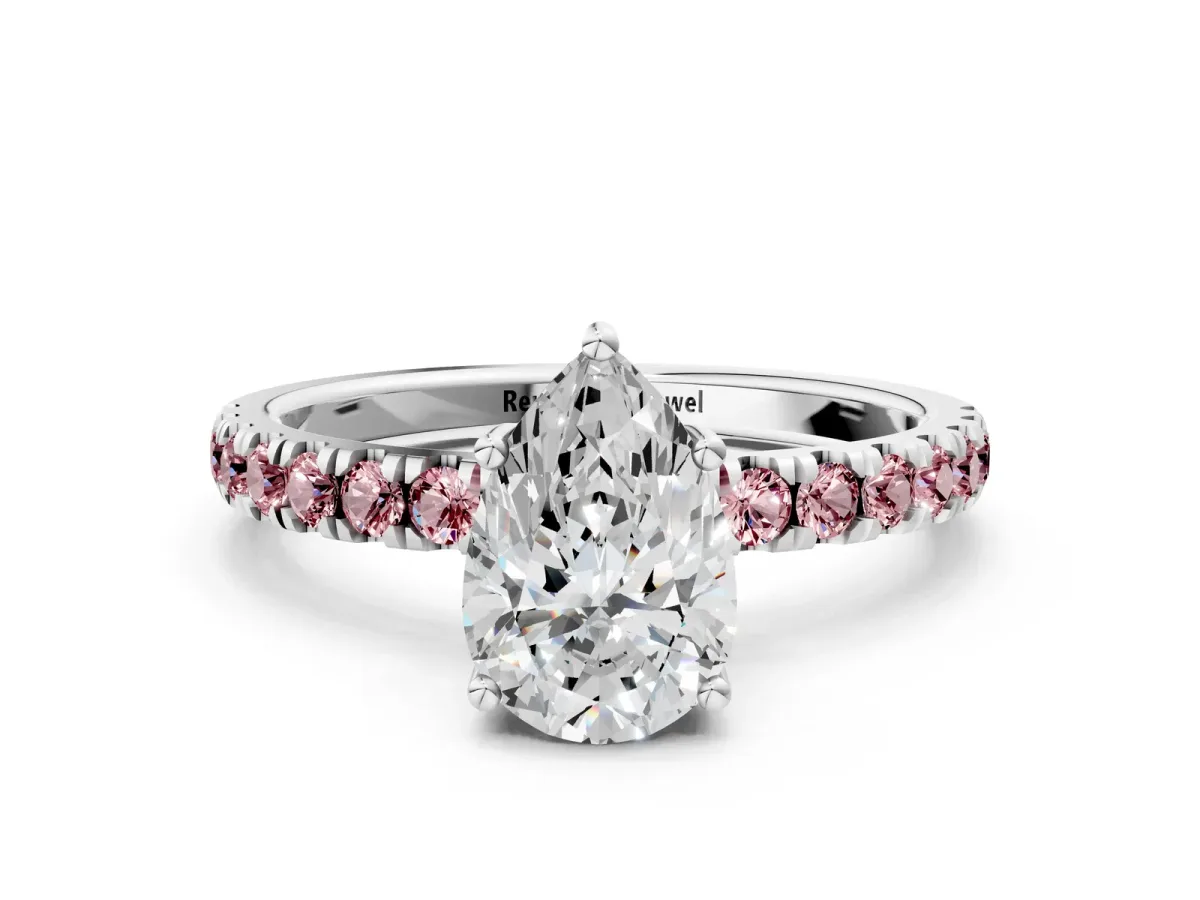 Pear Cut Diamond Pave Band Solitaire Ring with Round Morganite and Prong Setting Silver