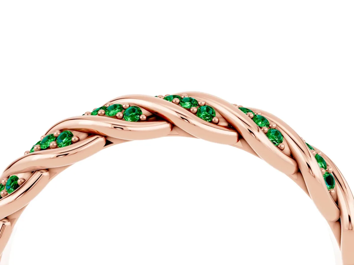 Twisted Pavé Round Emerald Eternity Band with Shared Prong Setting Rose gold