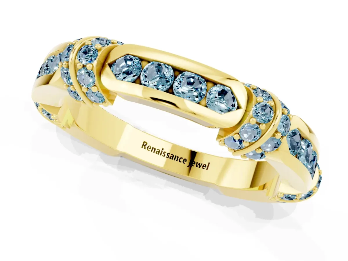 Pavé Round Aquamarine Link Band with Bezel Setting Yellow gold
