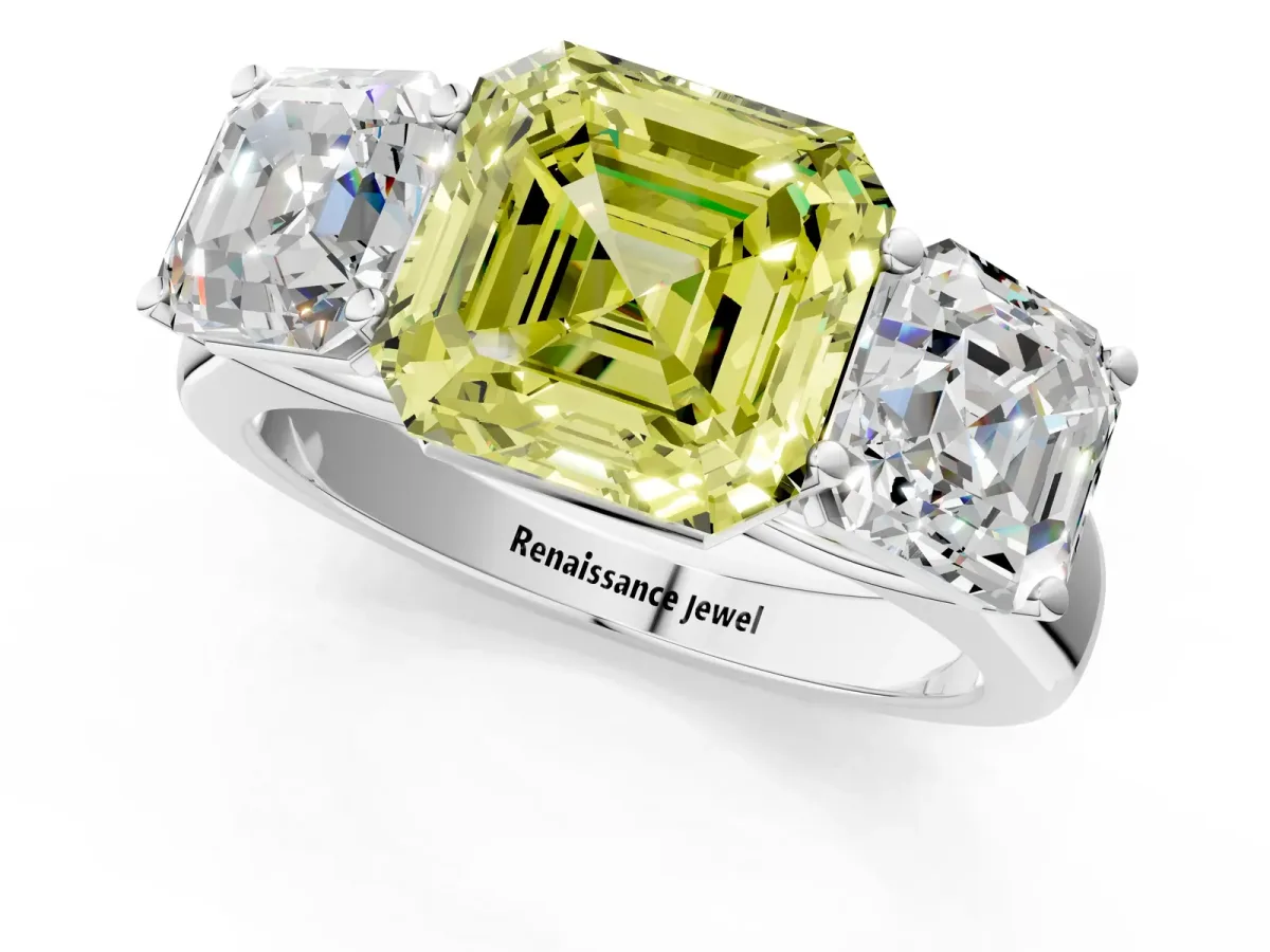 Fancy Yellow Asscher Cut Three-Stone Diamond Ring with Prong Setting on a Classic Band Platinum