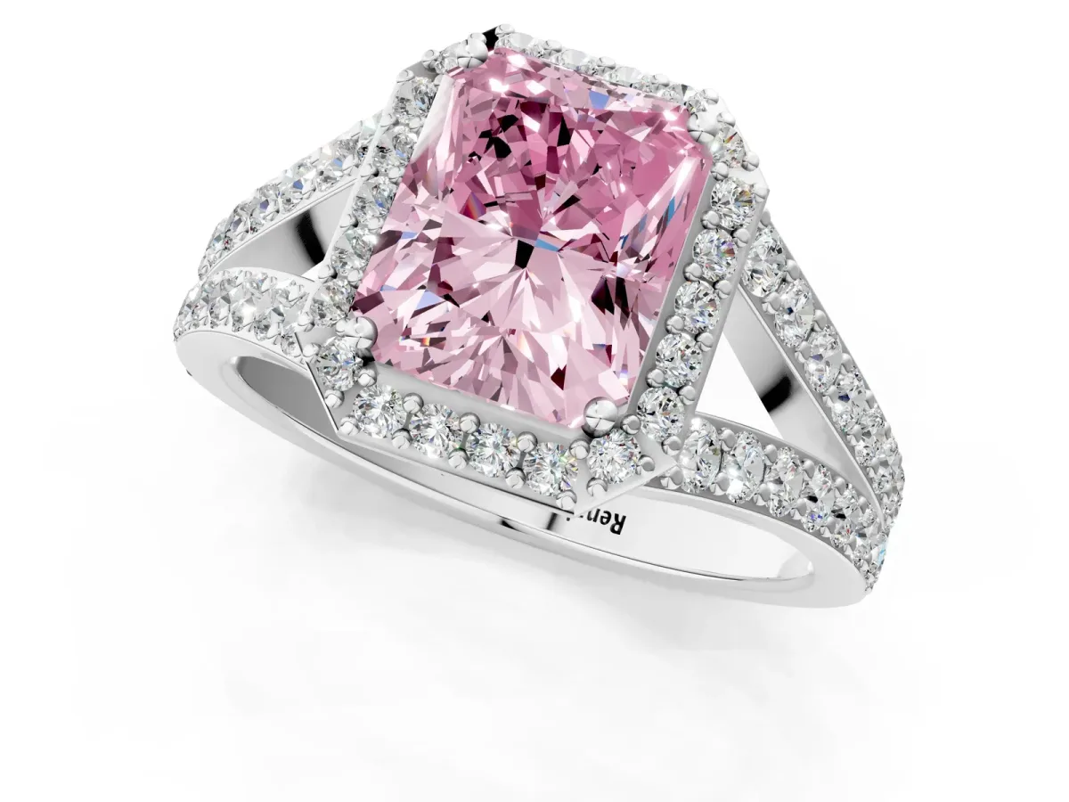 Fancy Pink Radiant Cut Diamond Split Shank Halo Ring with Four-Prong Setting Platinum