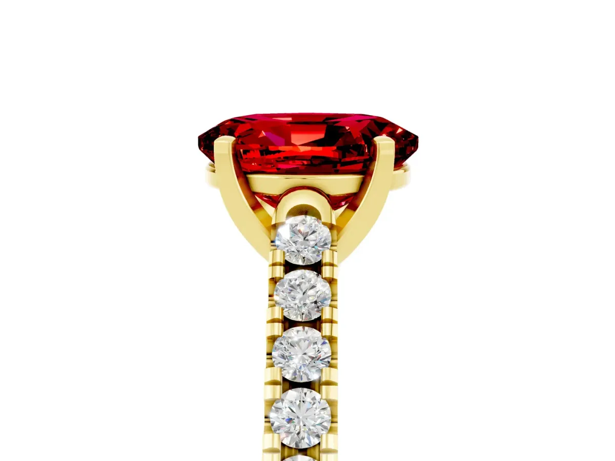 Oval Cut Ruby Pavé Band Solitaire Ring with Prong Setting Yellow gold