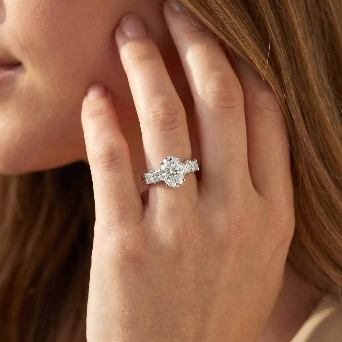 Oval Cut Solitaire Princess Side Stone Engraved Band Prong Setting Ring Silver
