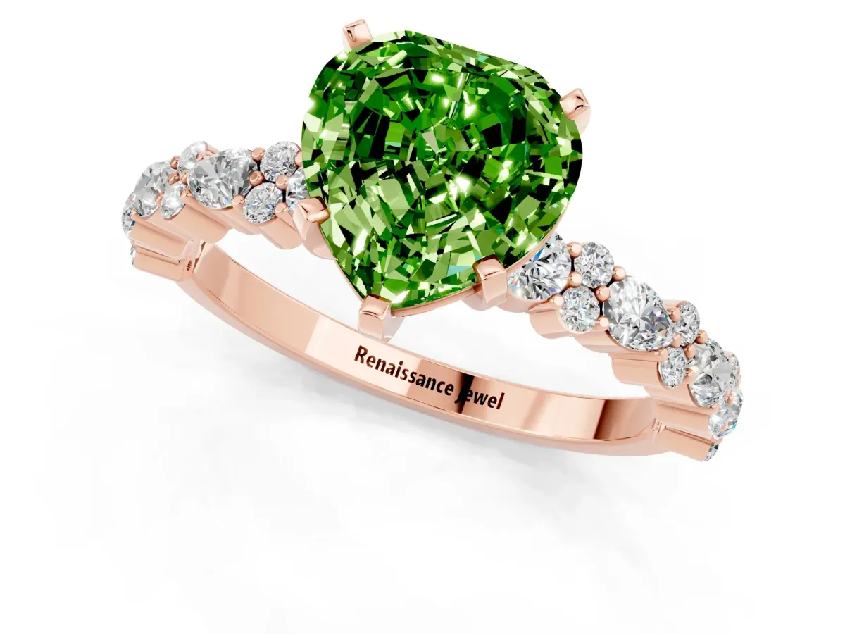 Heart Cut Peridot Side Stone Solitaire Ring with Round and Four-Prong Setting Rose gold