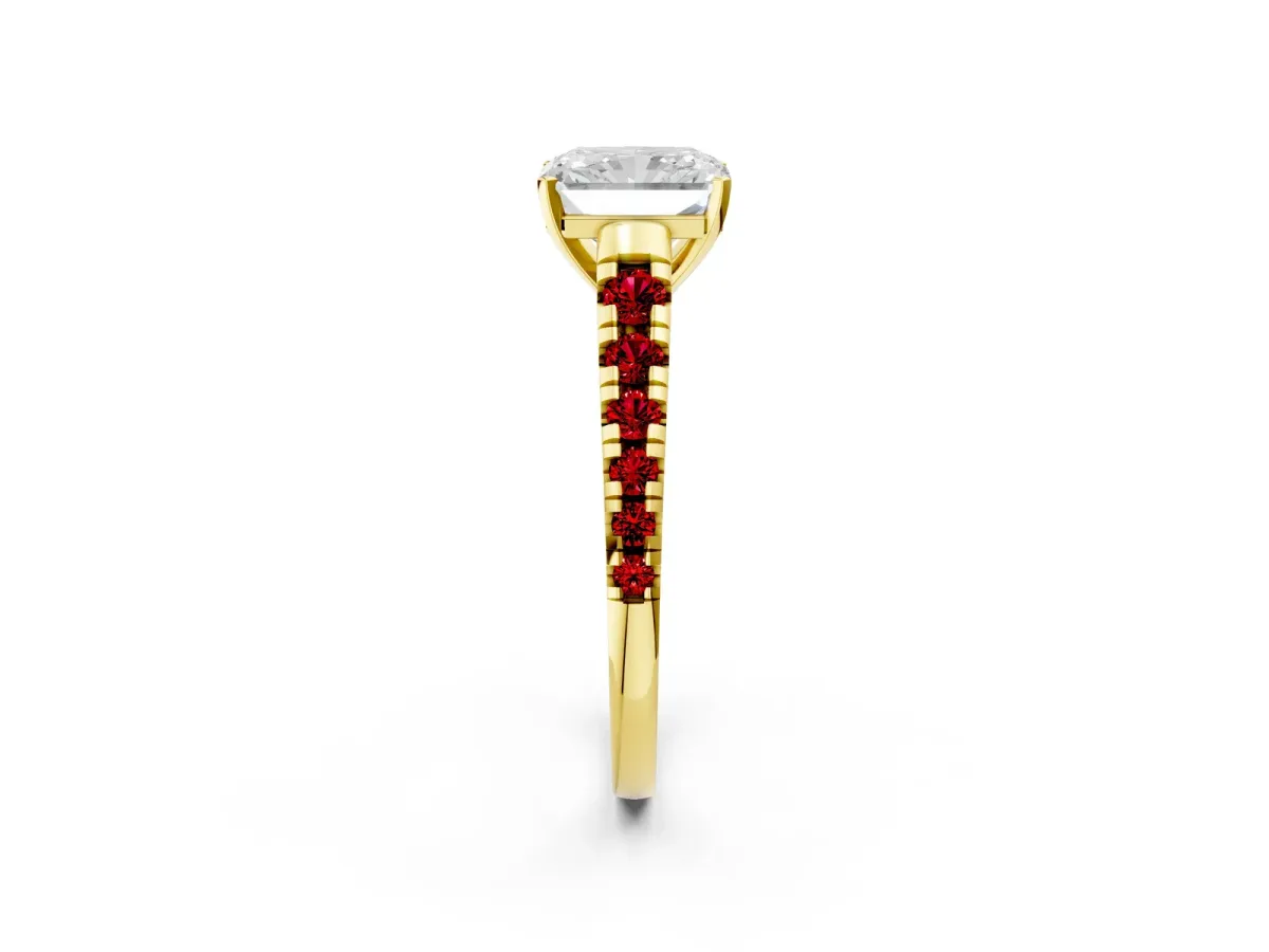 Radiant Cut Diamond Cathedral Solitaire Ring with Round Ruby Pavé Band Yellow gold