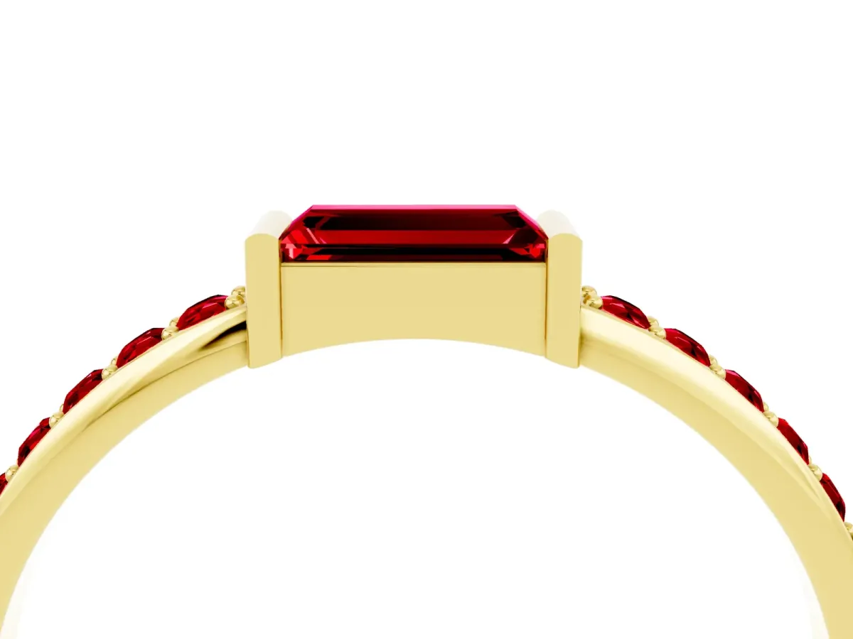 Baguette Ruby Pavé Band with Bar Setting Yellow gold