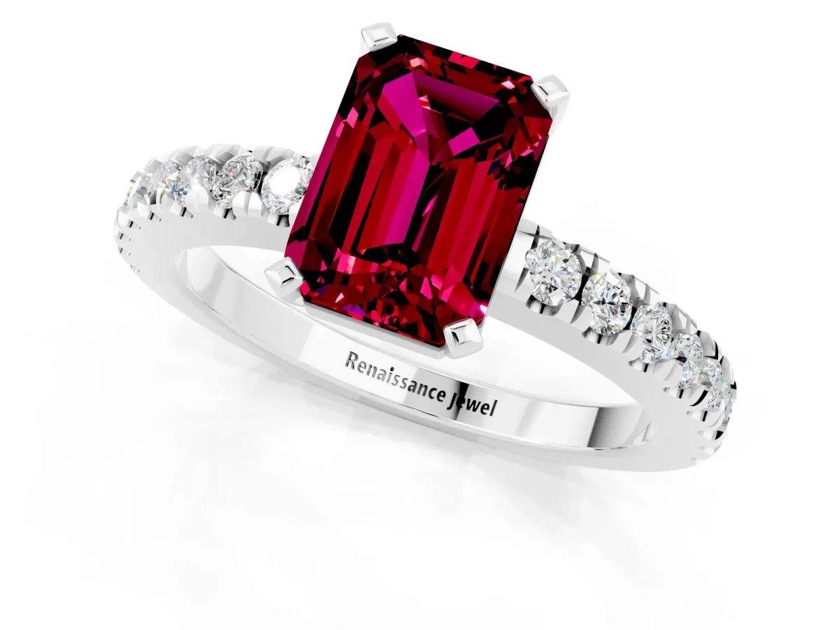 Emerald Cut Solitaire Garnet with Pavé Band and Four-Prong Setting Silver