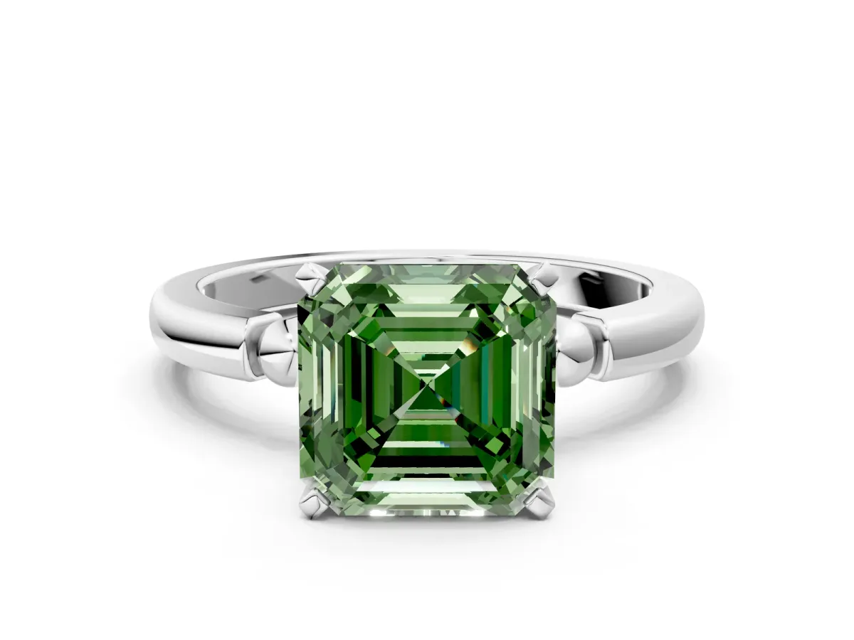 Fancy Green Asscher Cut Solitaire Beaded Band with Four-Prong Setting Platinum